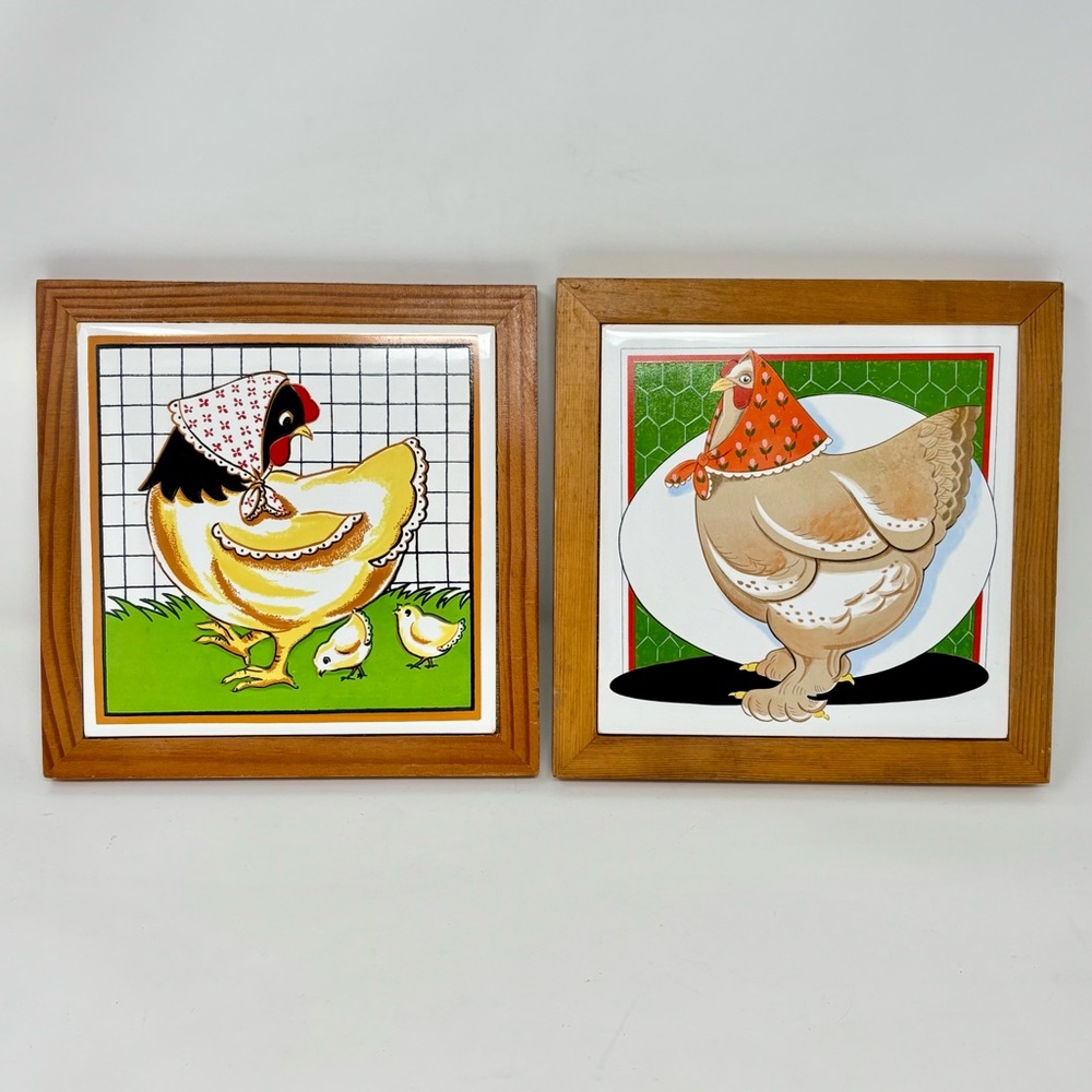 Hen Chicks Egg Vintage Framed Ceramic Tile Wall Hanging Decor Trivet Farmhouse